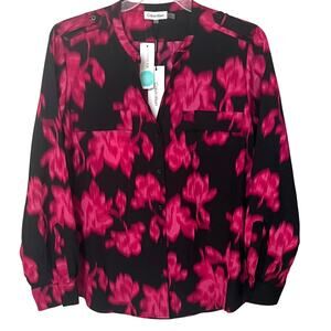 CALVIN KLEIN LONG SLV BUTTON UP V-NECK BLOUSE, WOMENS, XL-HOT PINK & BLACK ABSTR